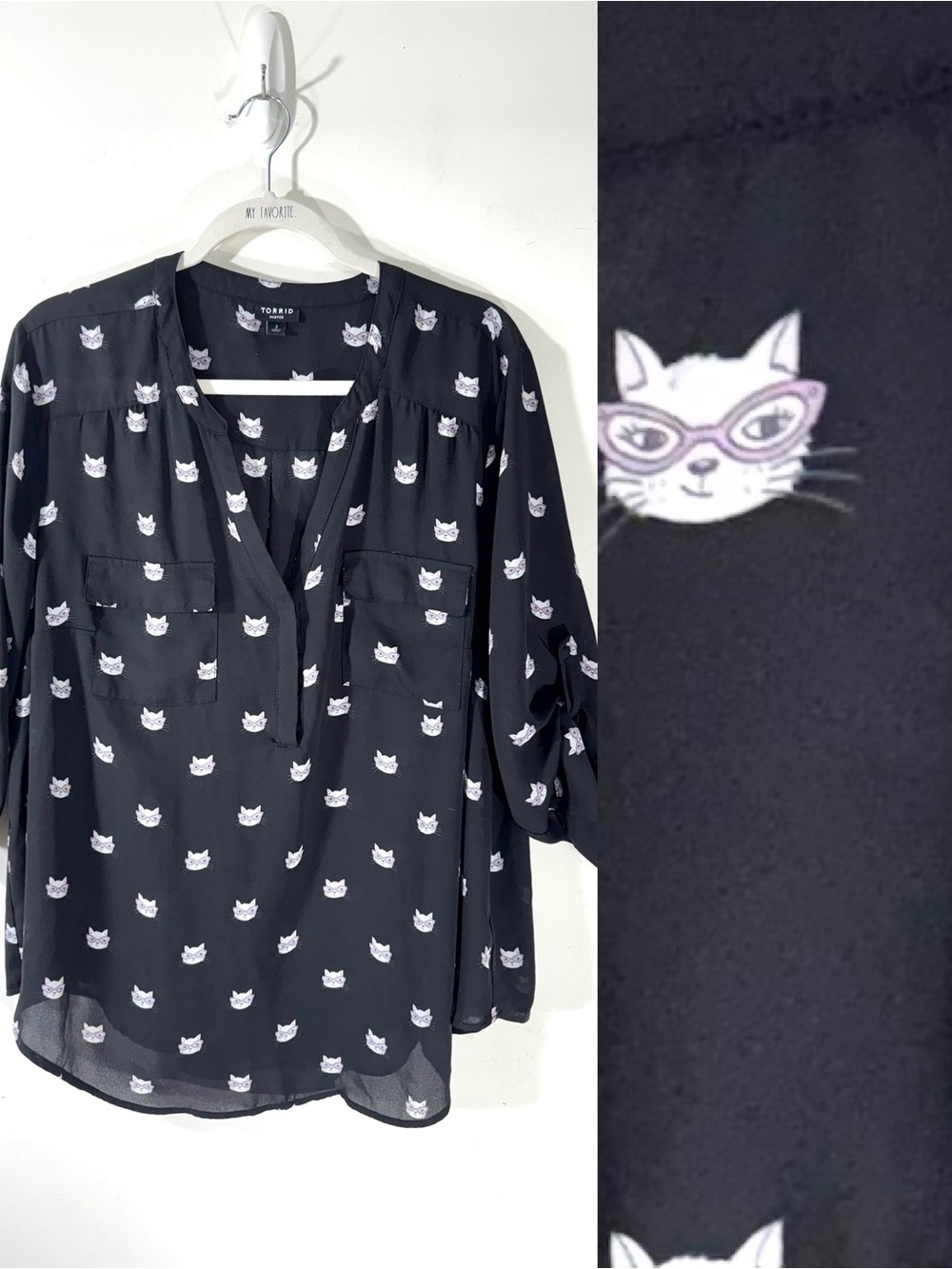 Torrid Harper Blouse Black Cat Eyeglasses Print roll tab 2X